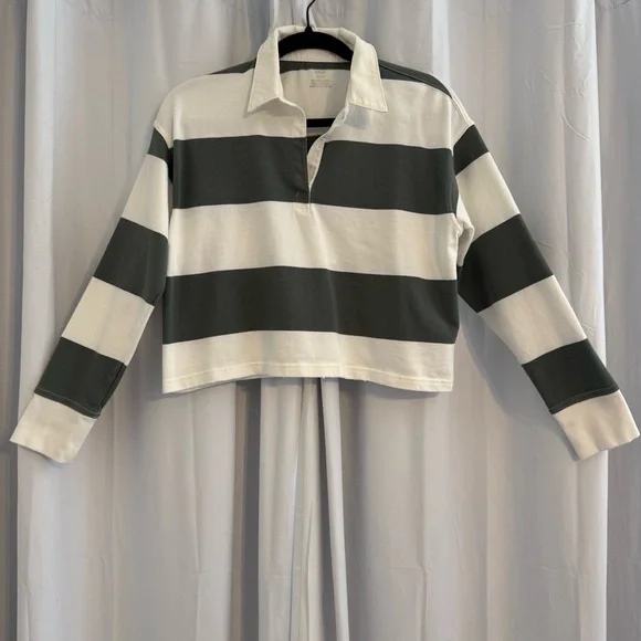 Aerie Striped Cropped Rugby Shirt Sporty Prep Oversized Womens XS Green White - Picture 2 of 13